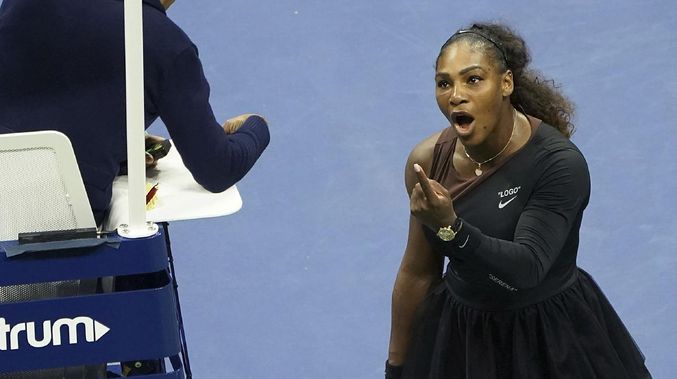 Serena Williams argues with the chair umpire during a match against Naomi Osaka of Japan during the women's finals of the U.S. Open tennis tournament at the USTA Billie Jean King National Tennis Center