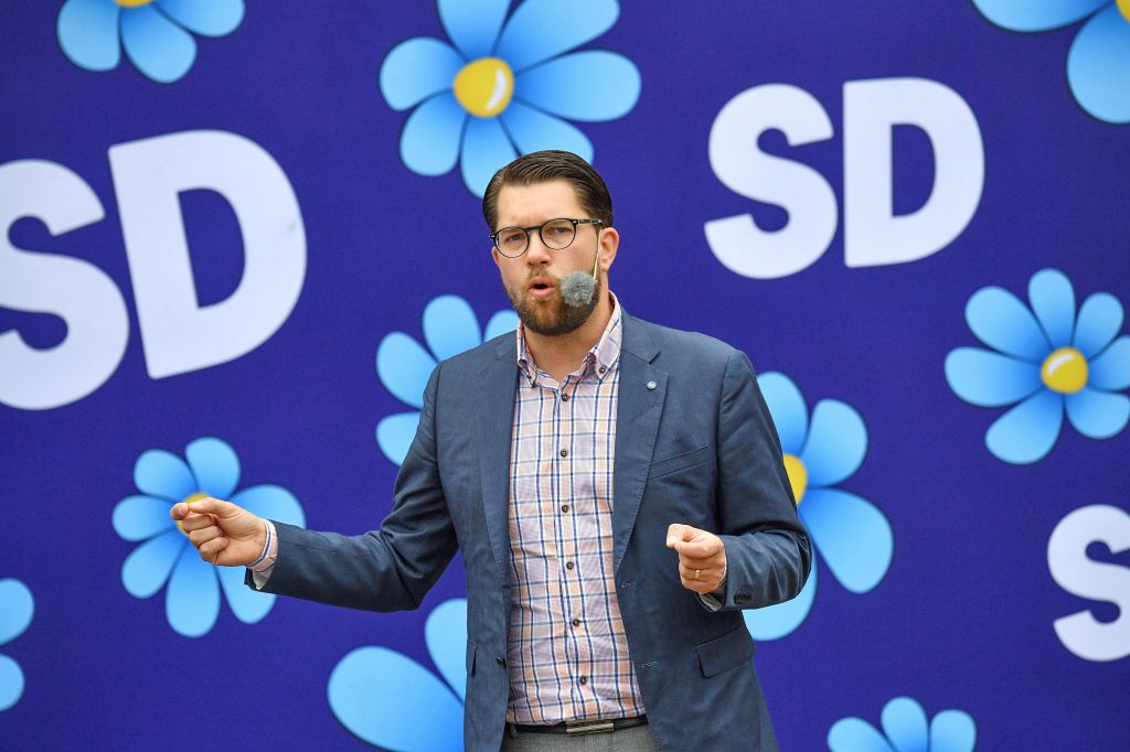 Sweden Democrats party leader Jimmie Akesson gives a speech in Landskrona Sweden on Aug. 31 2018