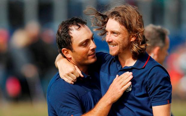 Team Europe's Francesco Molinari and Tommy Fleetwood celebrate winning their Fourballs match. REUTERS  Paul Childs