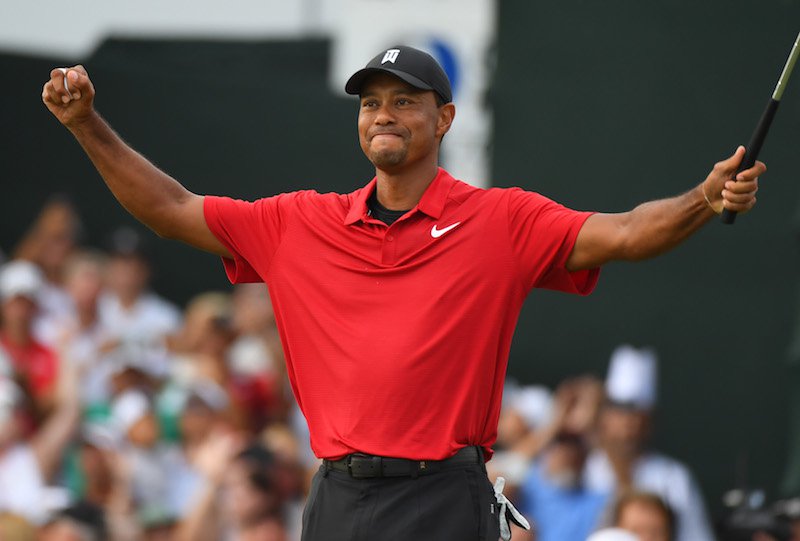 Tiger Woods reacts to win the Tour Championship golf tournament at East Lake Golf Club