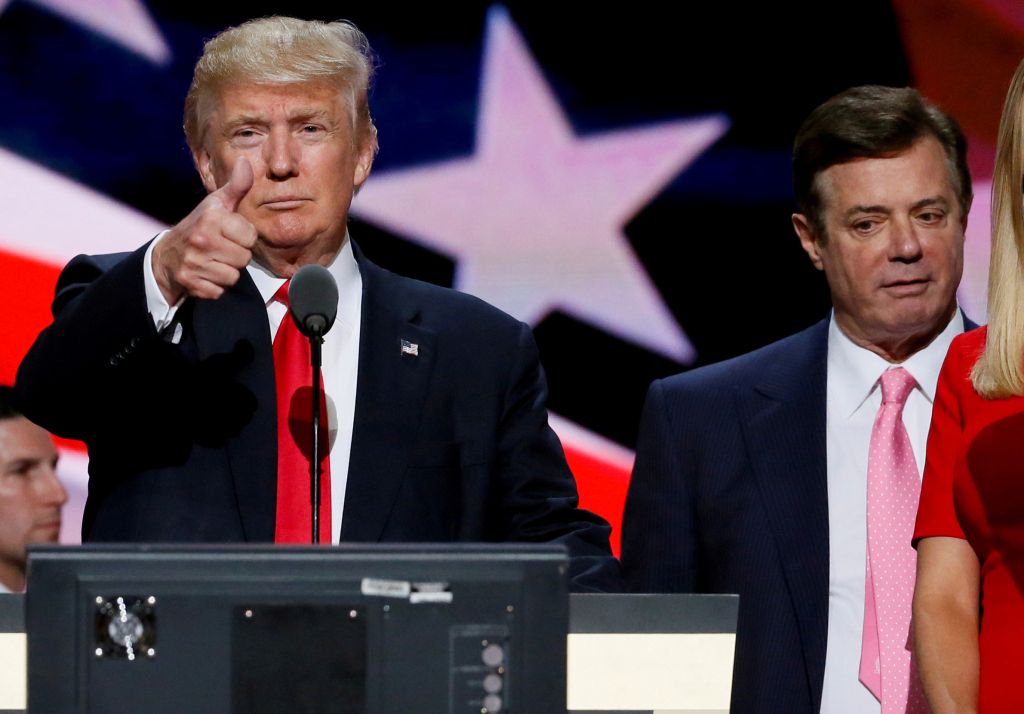 Paul Manafort looks on as Donald Trump appears at the Republican National Convention in July 2016. A superseding crim