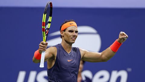 Rafael Nadal of Spain celebrates after defeating Dominic Thiem of Austria during the quarterfinals of the U.S. Open tennis tournament early Wednesday Sept. 5 2018 in New York