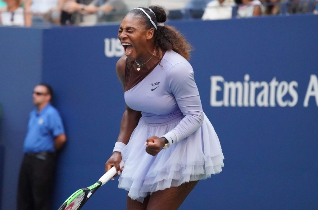 Serena Williams of the US celebrates during her women's singles match against Kaia Kanepi of Estonia on Day 7 of the 2018 US Open at the USTA Billie Jean King National Tennis Center