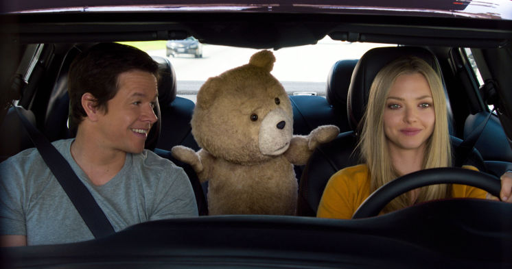 Mark Wahlberg, from left the character Ted voiced by Seth MacFarlane and Amanda Seyfried appear in a scene from'Ted 2