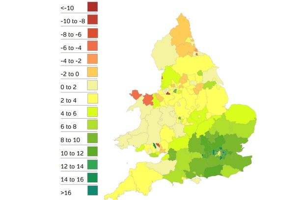 A Land Registry map showing increases and decreases in house prices across the country. Halton experienced the biggest drop in England and Wales