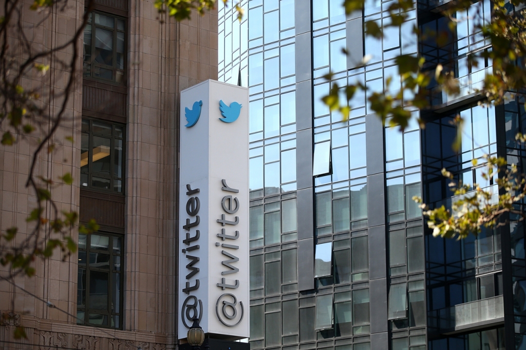 A sign is posted outside of the Twitter headquarters