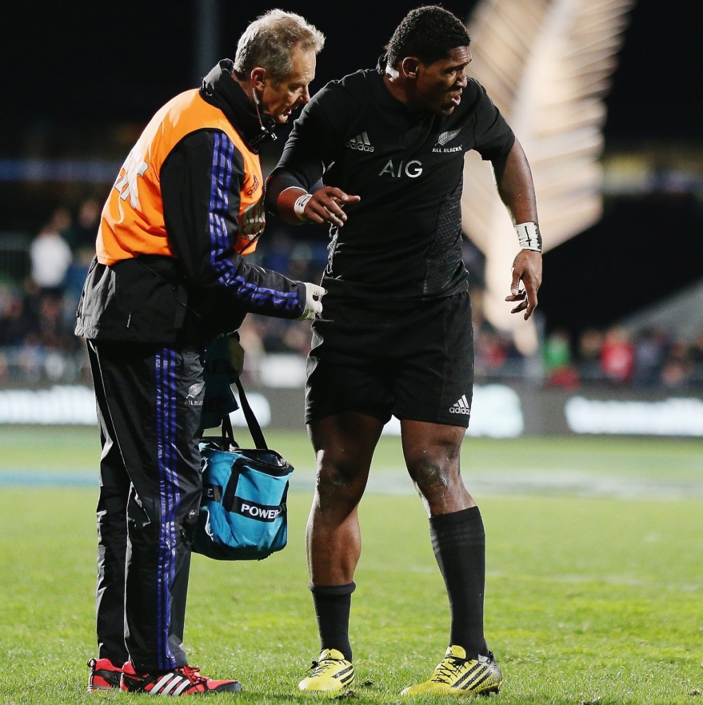 Waisake Naholo of the New Zealand All Blacks receives medical attention during The Rugby Championship match between the New Zealand All Blacks and Argentina at AMI Stadium in Christchurch