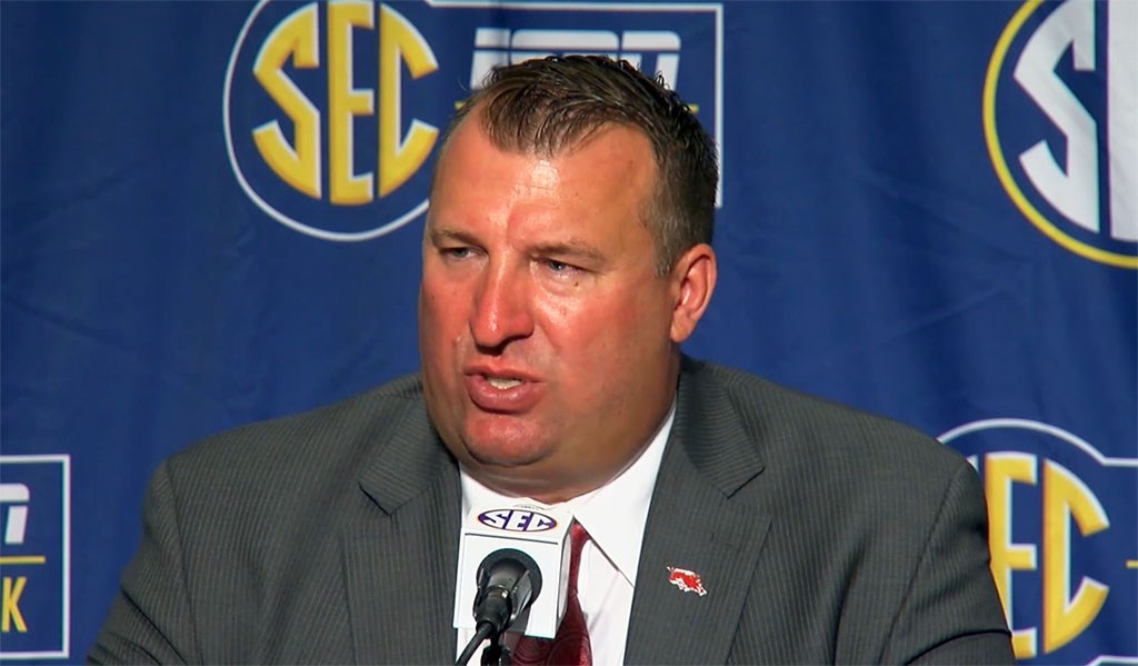 Arkansas coach Bret Bielema speaks to the media at the Southeastern Conference NCAA college football media days Wednesday