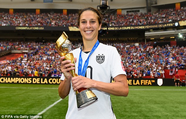 Carli Lloyd poses with the trophy after her hat-trick inspired the United States to World Cup glory