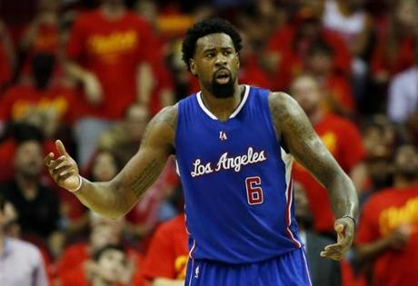 HOUSTON TX- MAY 17 De Andre Jordan #6 of the Los Angeles Clippers reacts in the third quarter against the Houston Rockets during Game Seven of the Western Conference Semifinals at the Toyota Center for the 2015 NBA Playoffs