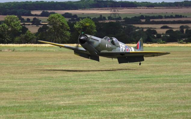 This World War II replica was flying above central England on Sunday when the pilot realized he couldn’t deploy the landing gear under the wings of the RAF Spitfire