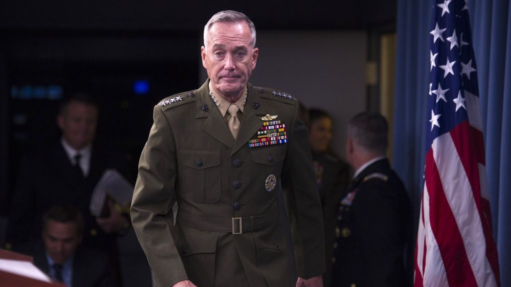 Marine Corps Commandant Gen. Joseph Dunford walks onstage for a news media at the Pentagon Wednesday