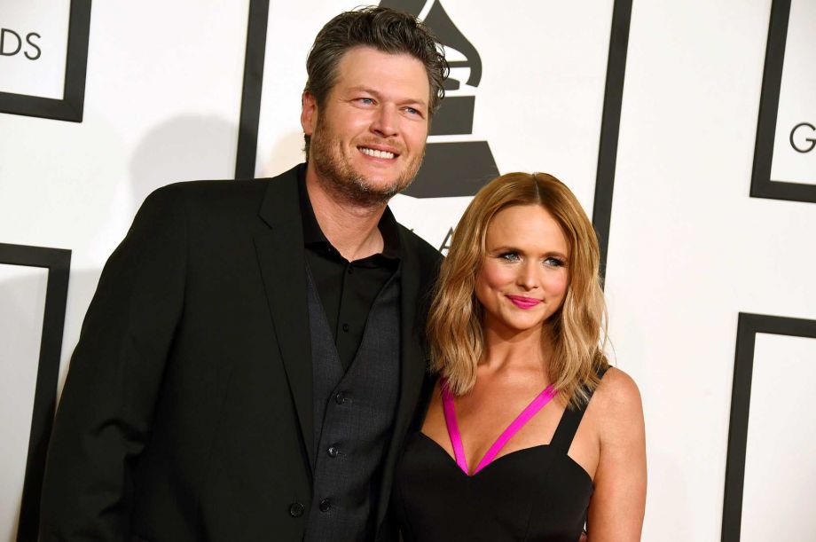 Blake Shelton left and Miranda Lambert arrive at the 57th annual Grammy Awards in Los Angeles. Shelton and Lambert announced their divorce after four years of marriage. Shelton’s spokesman provided a statement