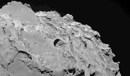 European Space Agency's Rosetta spacecraft and provided by researchers led by Jean Baptiste Vincent shows the most active pit known as Seth_01 which scientists believe is one of several sinkholes on the comet 67P  Chu