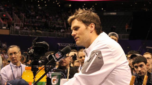 New England Patriots quarterback Tom Brady speaks at Super Bowl XLIX Media Day on Jan. 27 2015