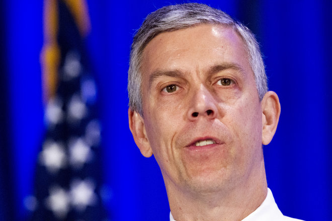 Education Secretary Arne Duncan speaks in Arlington Va. The Obama administration is taking steps to expand a student aid grant program _ so prisoners would be eligible. Duncan and Attorney General Loretta Lynch hav