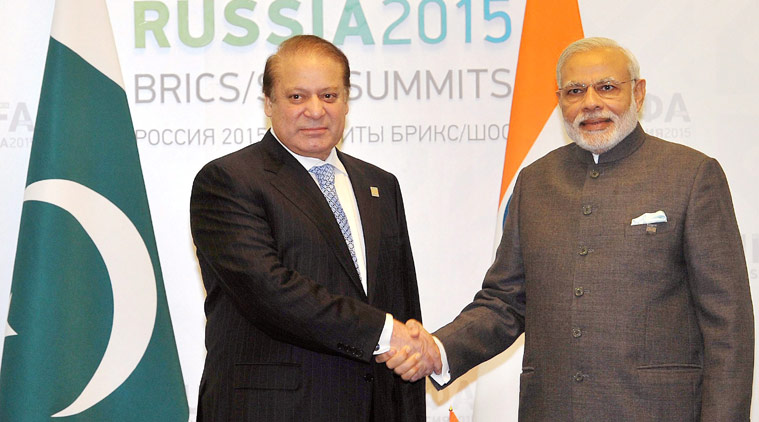 Prime Minister of India Narendra Modi shakes hands with his Pakistani Counterpart Nawaz Sharif during a meeting at UFA in Russia on Friday July 10