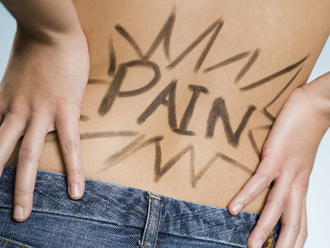 Rear view of woman with hands on lower back with Pain written on