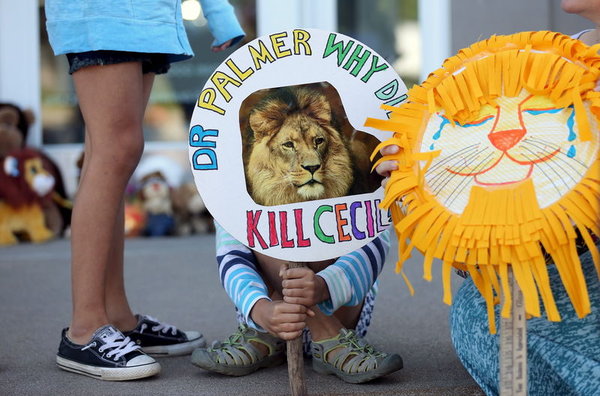 Piper Hoppe 10 from Minnetonka Minnesota holds a sign at the doorway of River Bluff Dental clinic in protest against the killing of a famous lion in Zimbabwe in Bloomington Minnesota