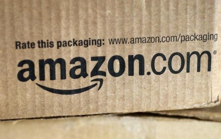 A just-delivered Amazon box is seen on a counter in Golden Colorado