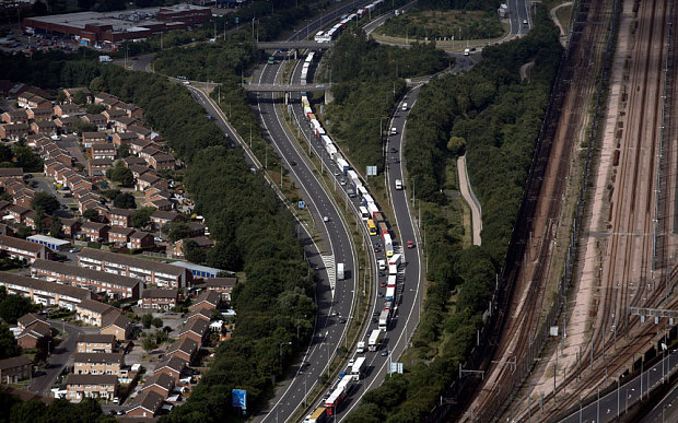 Trucks sit stationary on the side of the M20 motorway as part of Operation Stack