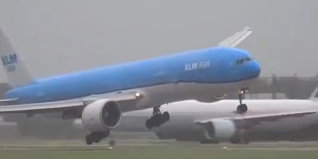 Loading The Boeing 777 rocked from side to side as it was battered by high winds on approach to Schiphol airport