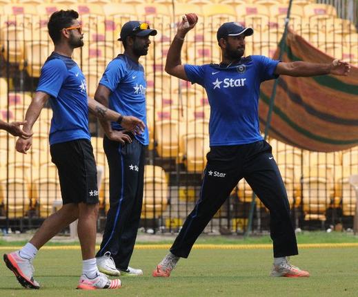 Virat Kohli Abhinav Mukund and Cheteshwar Pujara during a practice session at M.A. Chidambaram Stadium in Chennai on Tuesday