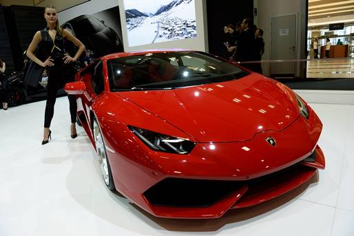 A Lamborghini Huracan LP6104 model car on display at the TUYAP Fair Center during the Istanbul Auto Show 2015 in Istanbul