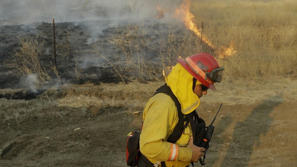 A firefighter monitors a spot fire from the Jerusalem fire near Lower Lake Calif. Wednesday Aug. 12 2015