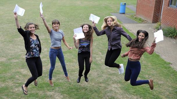 Megan Armishaw Kathryn Bullman Ellie Stockwell Georgina Ginnaw and Jasmine Bawa celebrate after receiving their A-level results at Chelmsford County High School for Girls