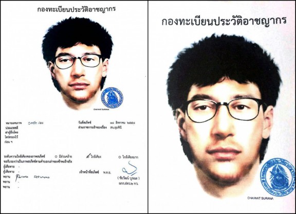 This image released by the Royal Thai Police shows a detailed sketch of the main suspect