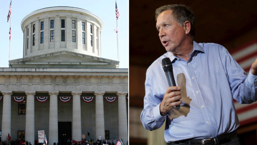 At left the Ohio Statehouse. At right Ohio Gov. John Kasich