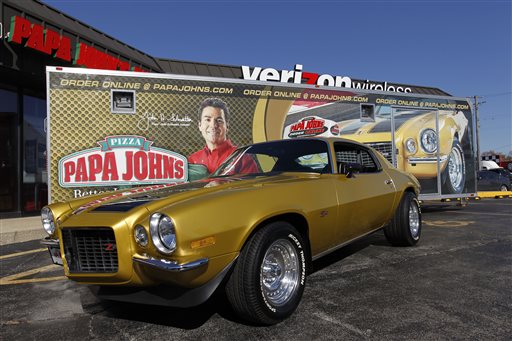 Papa John's Founder Chairman and CEO John Schnatter's 1971 Chevy Camaro is shown at the Papa John's 3000th North American Store Celebration in Burbank Ill. Officials say the Camaro is amo