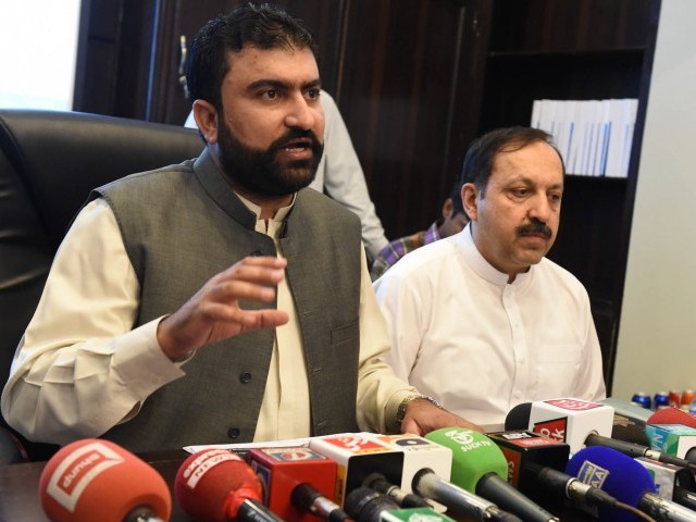 Balochistan Home Minister Sarfaraz Bugti addresses a press conference in Quetta on Sunday