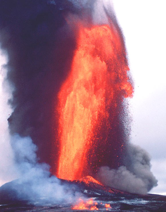 Hawaiian volcanic eruptions are noted for their jet-like sprays of lava called fire fountains. This image shows a fire fountain above Pu’u O’o vent on the Southeast Rift Zone of Hawaii’s Kilauea volcano. Image credit C. Heliker  US Geological Surv