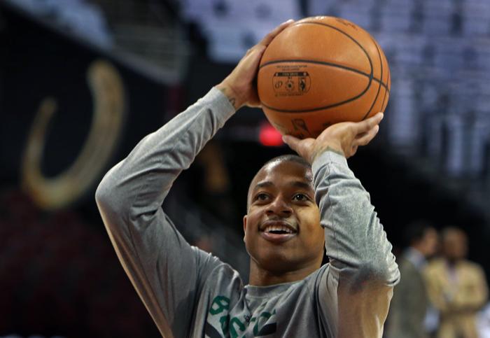 04/21/15 Cleveland OH If Isaiah Thomas and the Celtics have any hope of beating the Cavaliers they might need a little luck like the horseshoe on the wall behind him that is part of a casino ad. The Bost