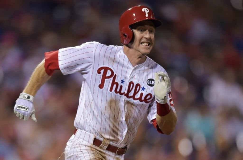 PHILADELPHIA PA- AUGUST 18 Chase Utley #26 of the Philadelphia Phillies runs to first base on a single in the first inning against the Toronto Blue Jays at Citizens Bank Park