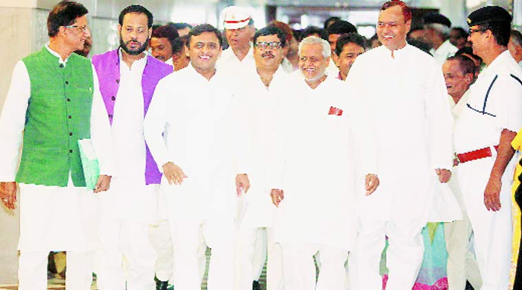 Chief Minister Akhilesh Yadav with his Cabinet colleagues on way to Vidhan Sabha in Lucknow on Friday. Vishal Srivastav