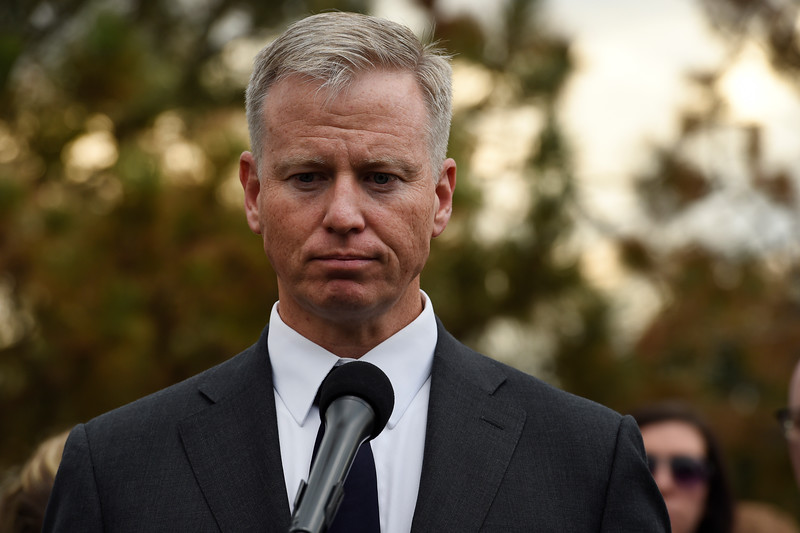 Prosecuting attorney George Brauchler meets with members of the press to talk about their reaction to the verdict of life in prison for Aurora Theater shooter James Holmes at the Arapahoe County Justice Center in Centennial Colorado