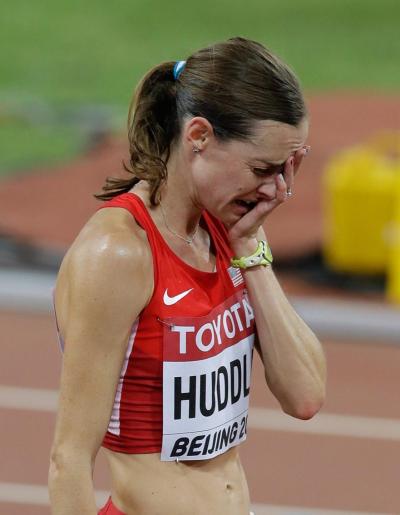 Molly Huddle reacts after her big mistake during the women’s 10,000m final at the World Athletics Championships