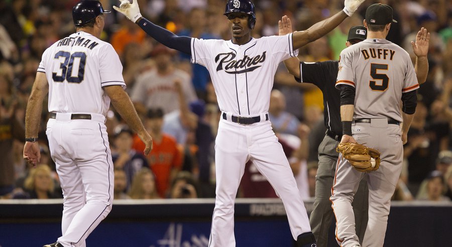 Diego Padres center fielder Melvin Upton Jr. into third for a triple in the 6th inning