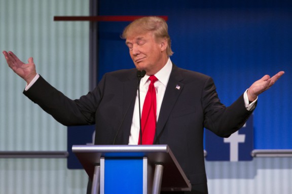 Republican presidential candidate Donald Trump gestures during the first Republican presidential debate at the Quicken Loans Arena in Cleveland