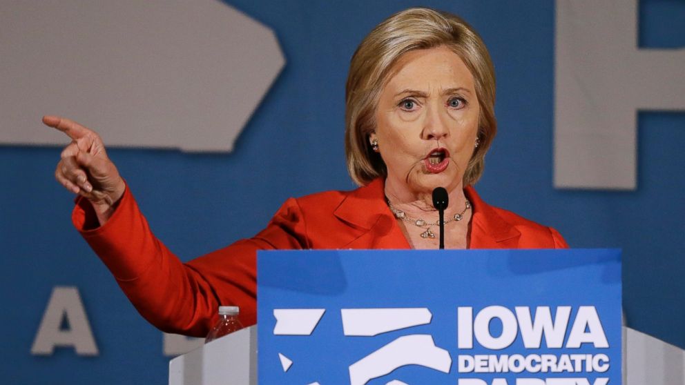 Democratic presidential candidate Hillary Rodham Clinton speaks during the Iowa Democratic Party's Hall of Fame Dinner Friday