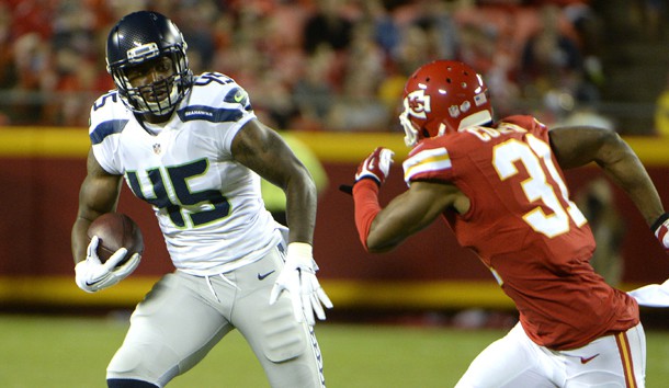 Aug 21 2015 Kansas City MO USA Seattle Seahawks running back Rod Smith carries the ball against Kansas City Chiefs cornerback Marcus Cooper in the second half at Arrowhead Stadium. Kansas City won 14-13. Mandatory Credit John Rieger-USA TO