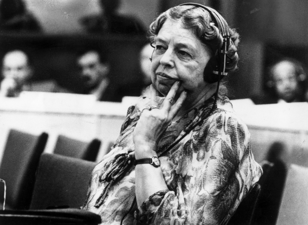 1946 Eleanor Roosevelt American author lecturer ambassador social activist and wife of the 32nd President Franklin D Roosevelt. A representative to the United Nations she is listening through headphones during a conference at the tempo