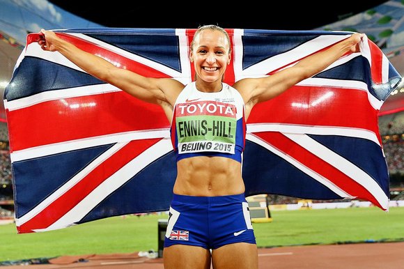 Jessica Ennis Hill of Great Britain celebrates after winning the Women’s Heptathlon 800 metres and the overall Heptathlon gold during day two of the 15th IAAF World Athletics Championships Beijing 2015 at Beijing National Stadium