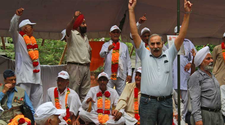 Ex-servicemen shout slogans at the One rank one pension protest in New Delhi