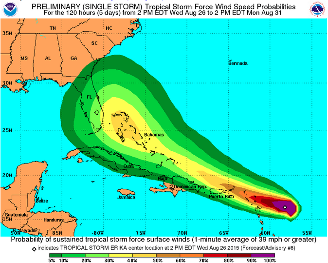 Florida is in the uncertainty cone for Tropical Storm Erika which is expected to hit land Monday morning