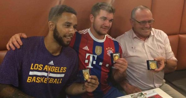 Displaying medals they were awarded Saturday by the mayor of Arras France are Anthony Sadler Spec. Alek Skarlatos and Chris Norman. The men helped thwart a terror attack Friday on a high-speed train