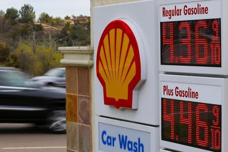 Gasoline prices are displayed on a signboard at a Shell gas station in Encinitas California